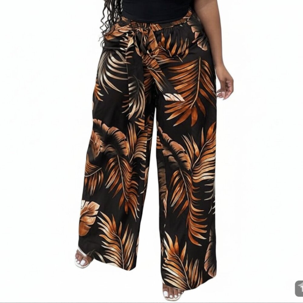 Vibrant Tropical Palm Leaf Wide Leg Pants - Size S
